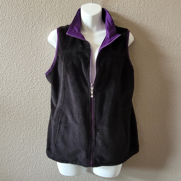 LIZ CLAIBORNE Reversible Purple & Black Fleece Vest Size Medium - Picture 8 of 8